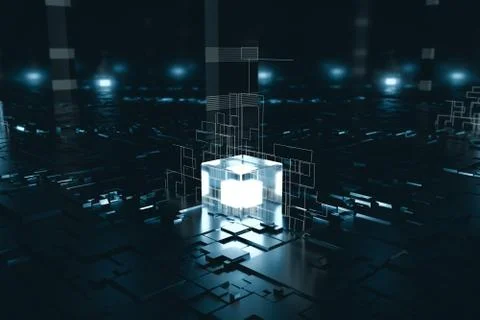 Glowing cubes with circuit lines with dark background, 3d rendering. Illustrazione stock