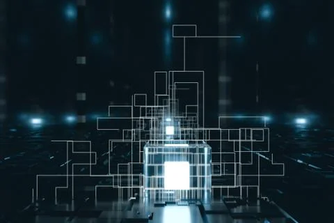 Glowing cubes with circuit lines with dark background, 3d rendering. イラスト素材