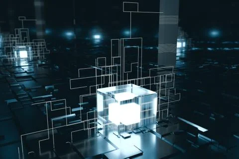 Glowing cubes with circuit lines with dark background, 3d rendering. Stock Illustration