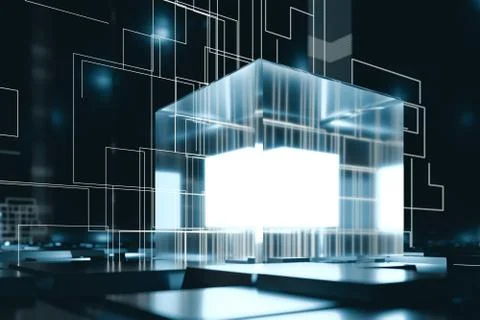 Glowing cubes with circuit lines with dark background, 3d rendering. Illustrazione stock