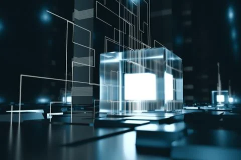Glowing cubes with circuit lines with dark background, 3d rendering. Illustrazione stock