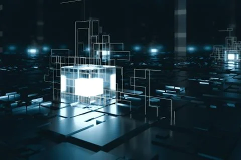 Glowing cubes with circuit lines with dark background, 3d rendering. Illustrazione stock