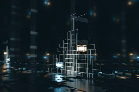Glowing cubes with circuit lines with dark background, 3d rendering. Illustrazione stock