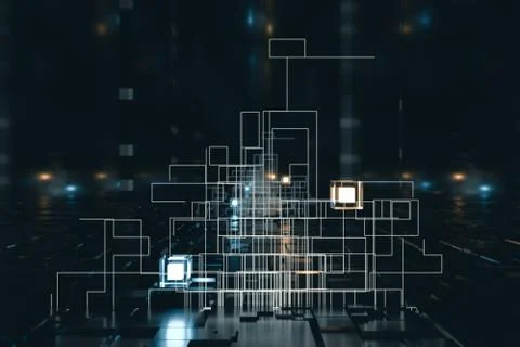 Glowing cubes with circuit lines with dark background, 3d rendering. Illustrazione stock