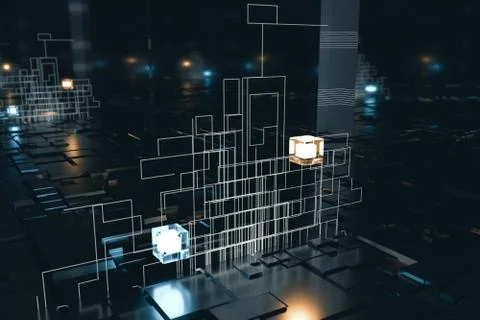 Glowing cubes with circuit lines with dark background, 3d rendering. イラスト素材