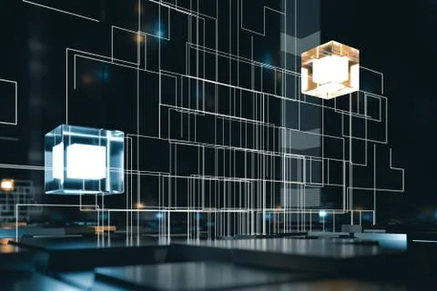Glowing cubes with circuit lines with dark background, 3d rendering. Illustrazione stock