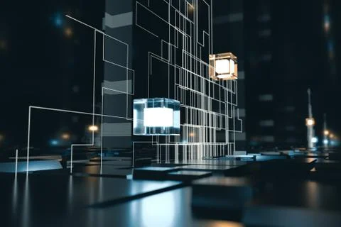 Glowing cubes with circuit lines with dark background, 3d rendering. Illustrazione stock