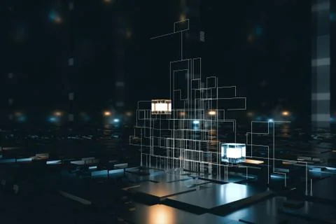 Glowing cubes with circuit lines with dark background, 3d rendering. イラスト素材