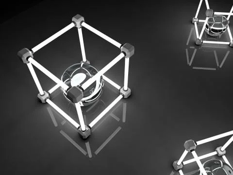 Glowing cubes of fluorescent tubes. Abstract composition of geometric processing Illustrazione stock