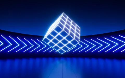 Glowing cubes in a round room, 3d rendering. Stock Illustration