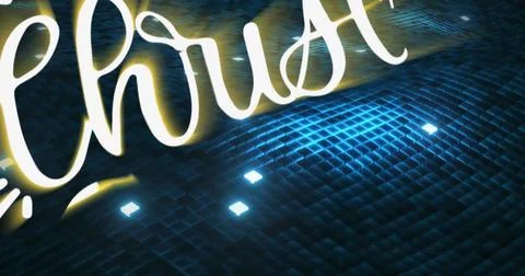 Glowing cursive neon script casting warm halo reflecting on studio mosaic floor 스톡 일러스트