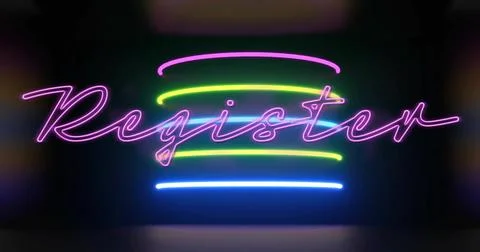 Glowing cursive neon sign reading Register, casting glow across floor on dark Illustrazione stock