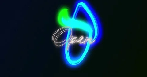 Glowing cursive Open neon sign floating in dark void, with blue loop, green Stockfoto's