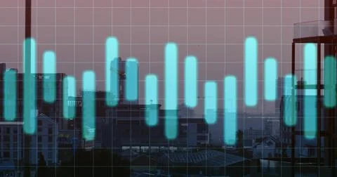 Glowing cyan bars forming data waveform over city skyline through glass pane at Stock Photos