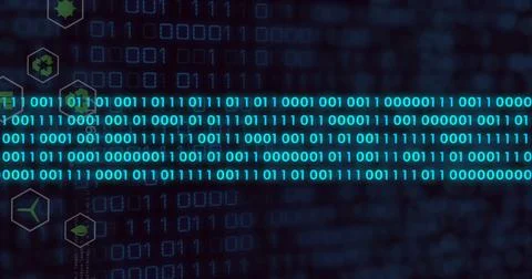 Glowing cyan binary stripe running across digital data network interface, with Stock Illustration