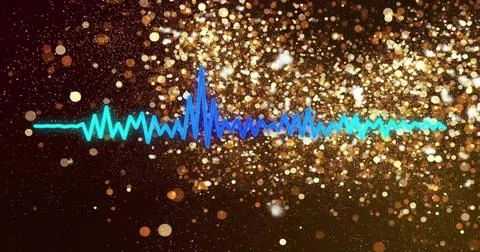 Glowing cyan-blue audio waveform pulsing on maroon backdrop with central spike, Stock Illustration