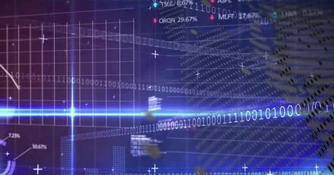 Glowing cyan-blue binary beam streaming across digital HUD, showing percentages, Stock Illustration