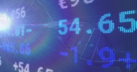 Glowing cyan-blue dot-matrix digits showing 54.65 pulsing on trading screen,  写真素材