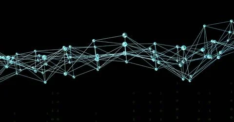 Glowing cyan-blue nodes linking with thin lines spanning across upper-band black Illustrazione stock