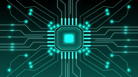 Glowing cyan circuit board microchip with radiating lines. Circuit board te.. Stock Footage 337369227
