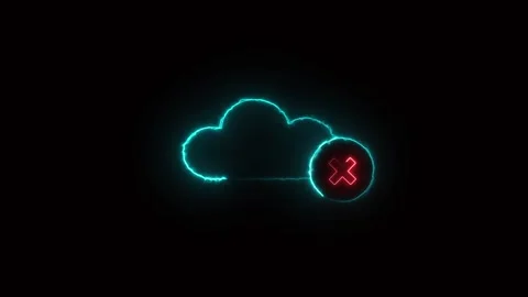 Glowing cyan cloud icon with red cross mark on black background. Cloud icon.. Stock Footage 337130294