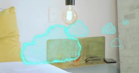 Glowing cyan cloud overlaying bed and brass shelf in bedroom, with yellow pillow Stock Photos