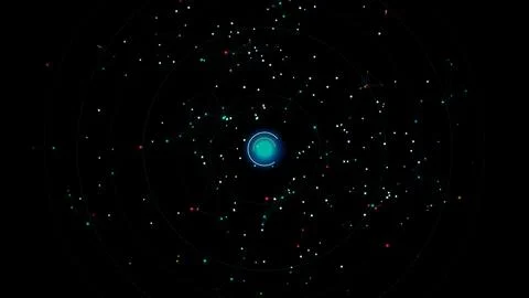 Glowing cyan core surrounded by concentric radar rings and floating data ne.. Stock Illustration
