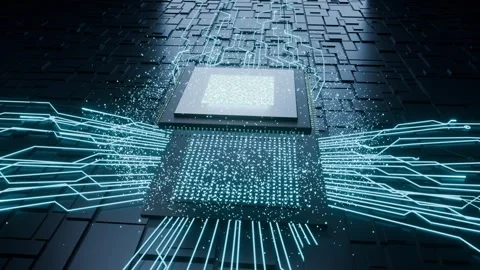 Glowing Cyan CPU Chip on Circuit Board with Flowing Data Particles Stock Footage 347720395