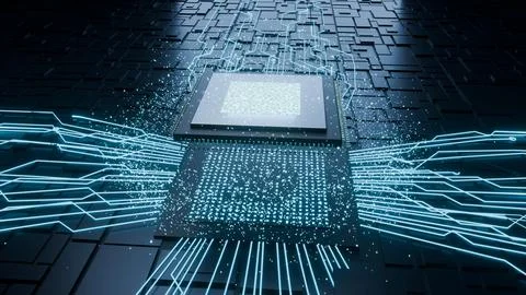 Glowing Cyan CPU Chip on Circuit Board with Flowing Data Particles Stock-Illustration