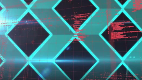 Glowing cyan diamonds forming repeating grid pattern in 3D, reflecting on floor Stock Footage 309321000