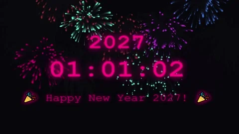 Glowing cyan digital clock countdown showing year 2026 counting down to New.. Stockbeeldmateriaal 342723485