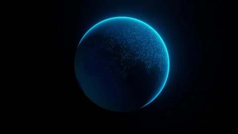 Glowing cyan digital Earth globe with neon rim light and particle Видео 332703656