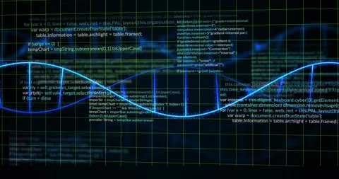 Glowing cyan double helix emerging left, undulating rightward while code Vidéo 329533568