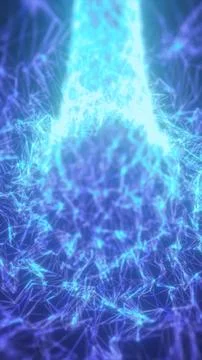Glowing cyan energy stream flows through an abstract blue polygonal network.. Stock Illustration