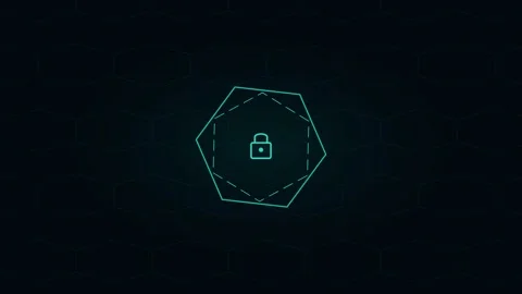 A glowing cyan geometric lock icon set against a deep black background Видео 338309541