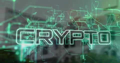 Glowing cyan-green CRYPTO text floating over blurred facade outside, with Illustrazione stock