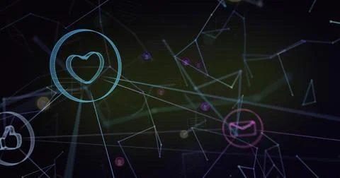 Glowing cyan heart node pulsing left-of-center in virtual network, with magenta Illustrazione stock