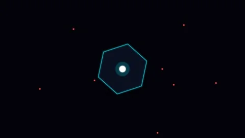 A glowing cyan hexagon centered amidst a field of scattered red particles Video stock 338312073