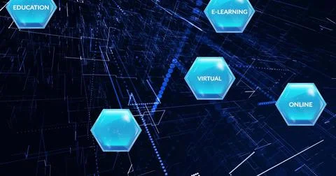 Glowing cyan hexagonal node labeled VIRTUAL emitting dotted connectors across 3D Stock Photos