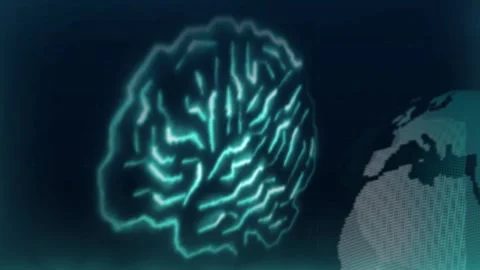 Glowing cyan human brain and dotted globe on dark. Advanced glowing cyan hu.. Stock Footage 338348554