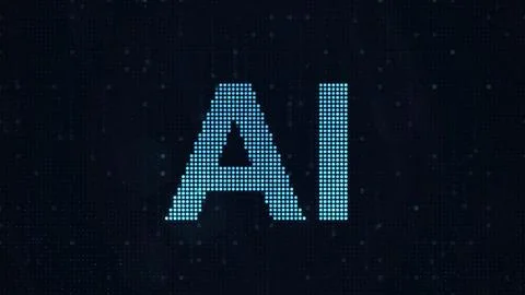 Glowing cyan LED dot matrix letters on dark technology background Illustrazione stock
