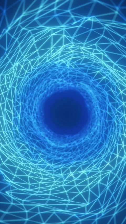 Glowing cyan lines form a triangular wireframe tunnel around a dark blue op.. Stock Footage 346686332