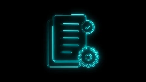 Glowing cyan neon document icon with checkmark and gear symbol representing.. Stock Footage 314699919