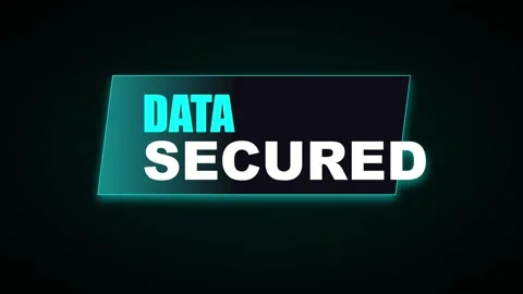 Glowing cyan neon interface panel displays DATA SECURED text over black Stock Footage 334799338