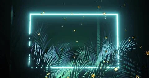 Glowing cyan neon rectangular frame backlighting palm fronds at studio, gold Stock Photos