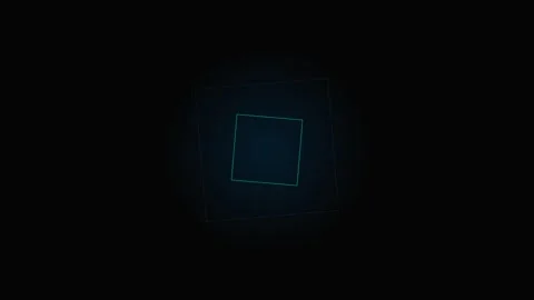 A glowing cyan neon square frame centered on a deep black background Stock Footage 339615235