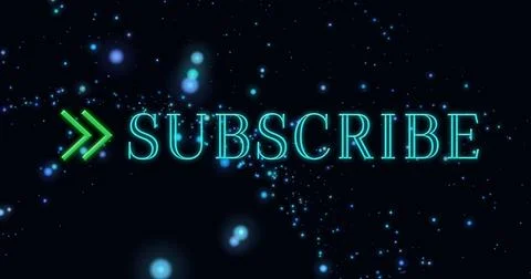 Glowing cyan neon SUBSCRIBE dominating dark starfield canvas, with green Stock Illustration