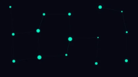 A glowing cyan network of nodes and connecting lines on a black background Stockbeeldmateriaal 338310724