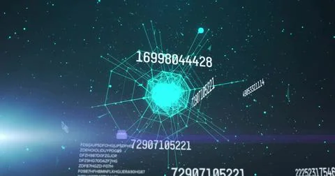 Glowing cyan node emitting light and linking radial mesh in deep-space network, Stock Photos