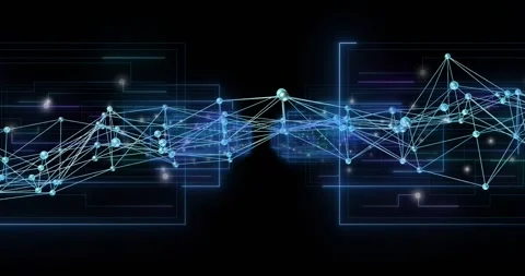 Glowing cyan node lattice rippling across black space, pulsing on data input and Stock Footage 330443992